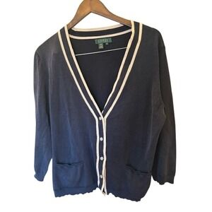 Lauren Ralph Lauren Silk Blend Navy V-Neck Cardigan Sweater XL Contrast Trim